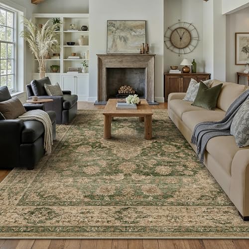 HUGEAR Retro Green Area Rug 8x10 Machine Washable Living Room Rugs Distressed Vintage Floral Low Pile Carpet Bedroom Office Dining Room Laundry Room Non Slip Soft Lightweight
