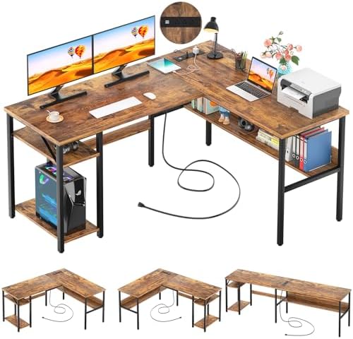 Unikito L Shaped Computer Desk with Magic Power Outlets and USB Charging Port, Sturdy Reversible Corner Desk with Storage Shelves, Modern Work Desk for Home Office, Easy to Assemble, Rustic Brown
