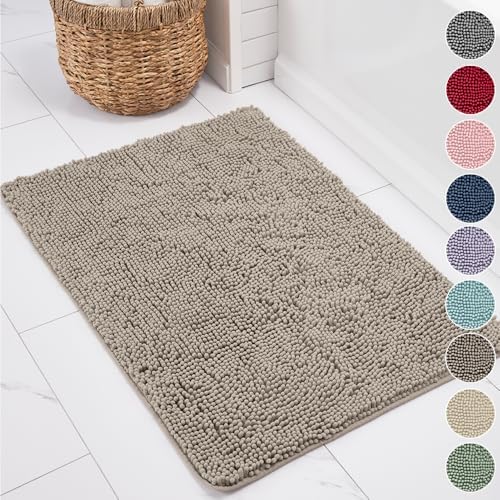 KANGAROO Bathroom Rugs, Chenille Soft Absorbent Bath Rug, Shaggy Shower Mat, Quick Dry Machine Wash Bathmat, Plush Carpet Mats for Tub, Bathtub and Room Home Decor Accessories, 24x17, Beige