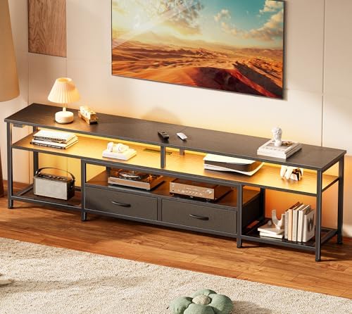 Huuger TV Stand for 75 80 Inch TV, Entertainment Center with Power Outlets and LED Lights, 70.9 Inch TV Console for Living Room, Media Console with Drawers and Shelves, Black, 8780BC