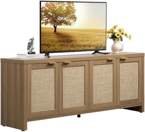 SICOTAS TV Stand for Living Room Boho Entertainment Center for Bedroom with 4 Rattan Cabinets Farmhouse Television Stands with Storage Large Media Console Table for TVs up to 45 50 55 60 65 Inch