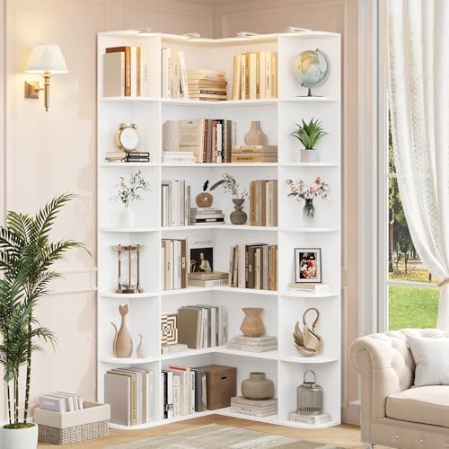 FOTOSOK 74†Tall Corner Bookshelf, 6-Tier Bookshelf and Bookcase with Open Storage, L Shaped Tall Bookcases Wooden Storage Shelves for Home Office, Thickened Boards for Better Load Bearing, White