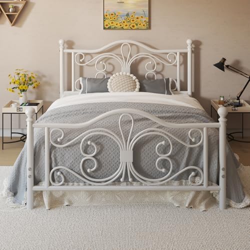Queen Size Bed Frame, Metal Platform Bed with Butterfly Pattern Design Headboard, Strong Metal Slats Support/No Box Spring Needed/Easy Assembly/Noise-Free/White