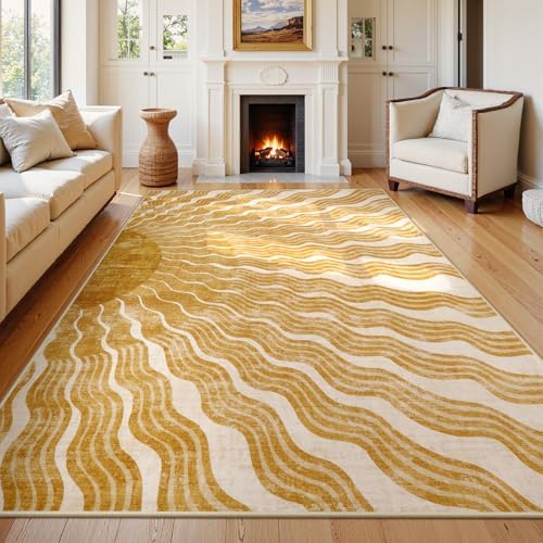 Boho 8x10 Area Rugs, Sun Print Soft Washable Rugs 8x10 Rug for Living Room Nursery, Ultra-Thin Non-Slip Kids Rug Large Carpet for Playroom Bedroom Classroom(8x10ft,Gold/Multi)