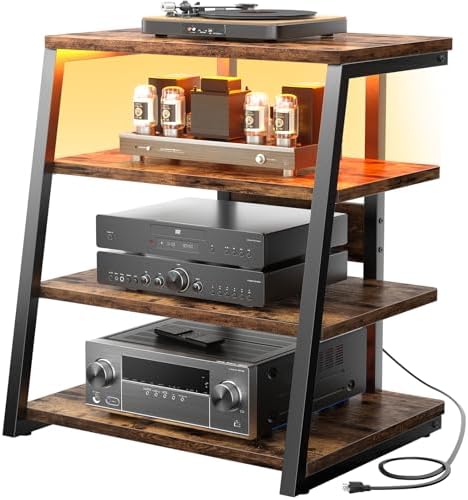 Armocity 4-Tier AV Media Stand with Power Strips, Stereo Stand with LED Lights, Audio Tower Rack with Adjustable Shelves, Small Entertainment Center, 30'', Rustic Brown