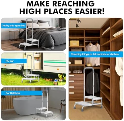 FORTEMOTUS 2 Step Stool with Handle for Elderly - Heavy Duty Bed Steps for High Beds for Adults with Adjustable Handrail &Non-Skid Platform, Foot Stool Ladder for Bedside, Kitchen, Car, RV, Bathtub