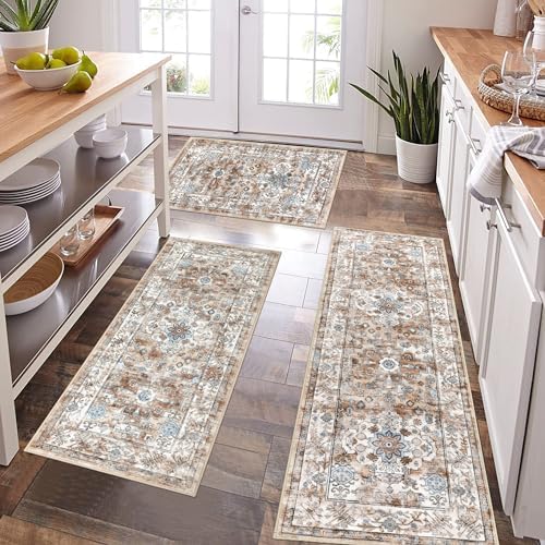 Pauwer Kitchen Rugs Sets of 3 Non Slip Washable Kitchen Mats for Floor Farmhouse Kitchen Floor Mat Runner Rug Boho Kitchen Sink Rug Carpet for Kitchen Hallway Laundry Room, Vintage Cream Tan