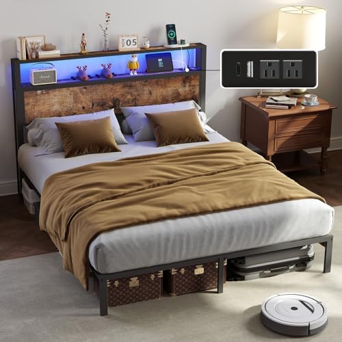 Full Size Bed Frame with Headboard, Metal Platform Bed Frame with LED Lights & Charging Station, Under Bed Storage, Solid and Stable, No Box Spring Needed, Noise Free, Easy Assembly, Vintage Brown