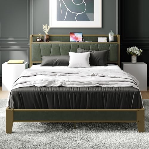 LIKIMIO Queen Bed Frame, Storage Headboard with Charging Station, Solid and Stable, Noise Free, No Box Spring Needed, Easy Assembly (Dark Green)