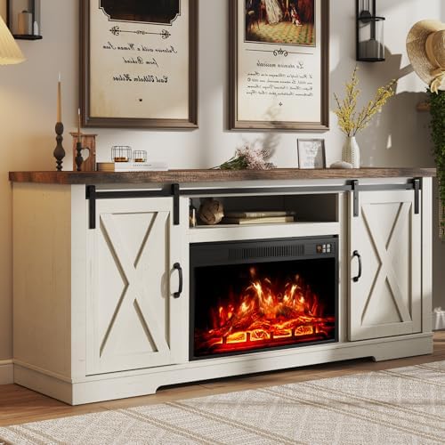 AMERLIFE Fireplace TV Stand with Sliding Barn Door for TVs up to 65", Farmhouse 59" Fireplace Entertainment Center with Storage Cabinets/Adjustable Shelves, Distressed White & Barnwood