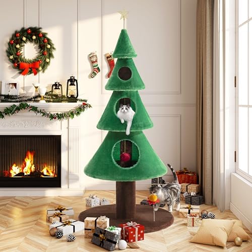 Allewie 63 Inches Cat Tree for Indoor Kitty/Tower with 3 Condos/ 5ft Christmas Tree Party Decoration/Activity Center Play House and Beds/Green