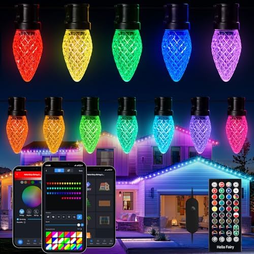 Brightown Smart C9 Christmas Lights Outdoor, 100 LED RGB C9 String Light with Remote, App Control, Music Sync, Connectable Waterproof Christmas Lights for House Tree Patio Holiday Xmas Decor