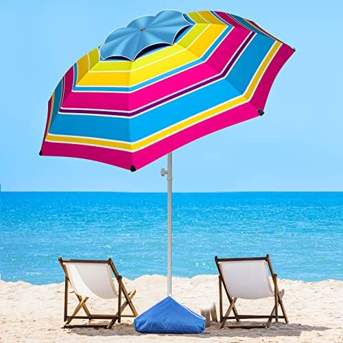 8FT Large Beach Umbrella with Level 7 Wind Resistance, Sand Anchor, Portable Outdoor Umbrella with UPF50+ UV Protection, Tilt Sun Shelter for Beach, Patio, Yard