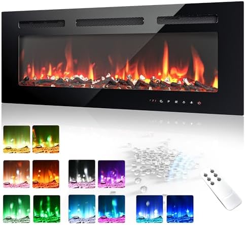 EUHOMY 36 Inch Electric Fireplace Wall Recessed and Wall Mounted with Adjustable Flame Color, Fireplace Heater with Remote Control, Linear Fireplace with Timer, Touch Screen, Log & Crystal, 750/1500W