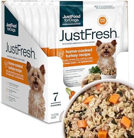 JustFoodForDogs JustFresh Home-Cooked Turkey Dog Food with No Preservatives, Resealable Packaging, Human Grade Wet Dog Food, 12 oz - 7 Pack