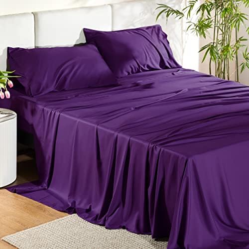 Bedsure King Size Sheet Sets, Cooling Sheets for Hot Sleepers, Rayon Derived from Bamboo, Breathable & Soft Deep Pocket Up to 16 Inches, Hotel Luxury Silky Bedding, Bedsheet & Pillowcases, Plum