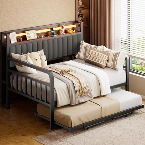 Daybed with Trundle and LED Light, Heavy Duty Metal Full Bed Frame with Upholstered Storage Headboard & Charging Station, Day Bed Pop Up Trundle Bed for Living Room,Bedroom and Guest Room, Brown
