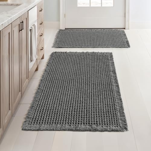 MIULEE Set of 2 Waffle Bathroom Rugs, Boho Bath Rugs Non Slip Washable, Super Absorbent Bath Mats, Ultra Soft Rubber Backed Shower Mats for Bathroom Floor, Tub, Dark Grey, 17"x24"+18"x30"
