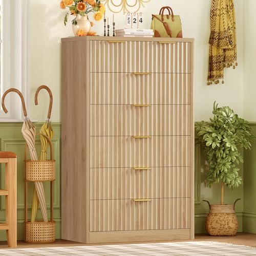 TEENOFN Fluted Dresser for Bedroom with 7 Drawers, 48" Tall Modern Chest of Drawers with Metal Handle, Wooden Dresser TV Stand, Wood Closet Clothes Storage Organizer for Living Room, Hallway, Natural