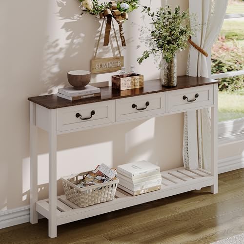 ChooChoo Farmhouse Console Table with 3 Drawers, Rustic Entryway Table, Narrow Long Sofa Table for Living Room, Hallway, Behind Couch, Soft White and Brown
