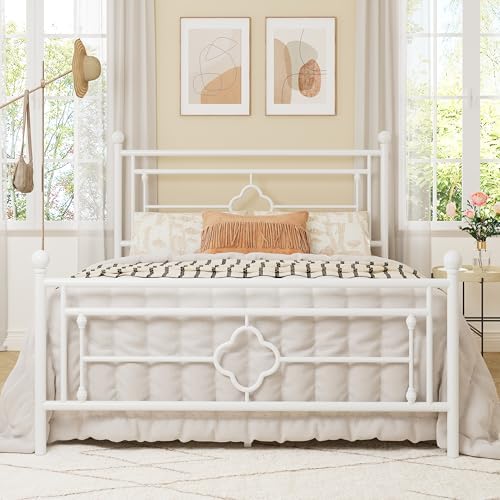 Allewie Queen Size Metal Platform Bed Frame with Victorian Vintage Headboard and Footboard/Mattress Foundation/Under Bed Storage/No Box Spring Needed/Noise-Free/Easy Assembly, White