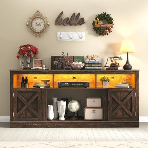 Farmhouse TV Stand for 70/75/80 Inch TV, 32”Tall Entertainment Center w/LED Light, Large Media Console Cabinet w/Barn Doors Adjustable Shelves for Living Room, Brown