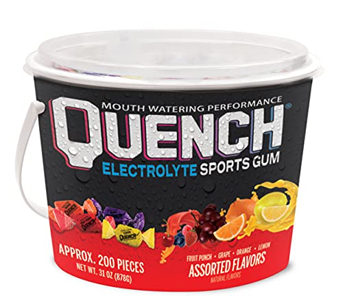 Quench Gum Variety Bucket, Electrolytes Chewing Gum for Athletes and Sports Trainers, New Assorted Fruity Flavors, 200 Pieces