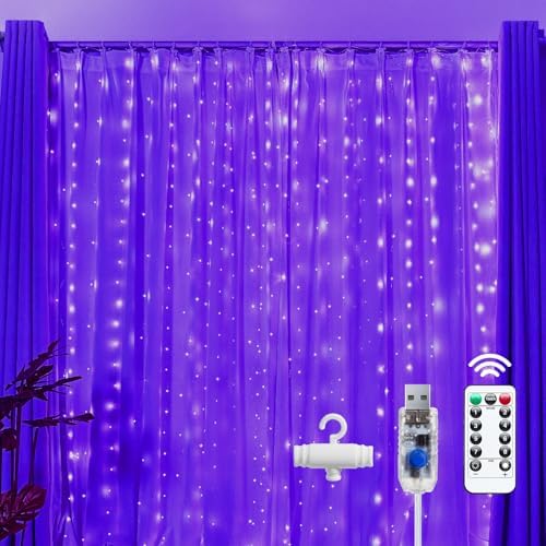 Brightown 300 LED Purple Fairy Curtain Lights, 9.8ft x 9.8ft Curtain String Lights, USB Plug in 8 Lighting Modes LED Christmas String Hanging Lights with Remote for Bedroom Indoor Outdoor Weddings