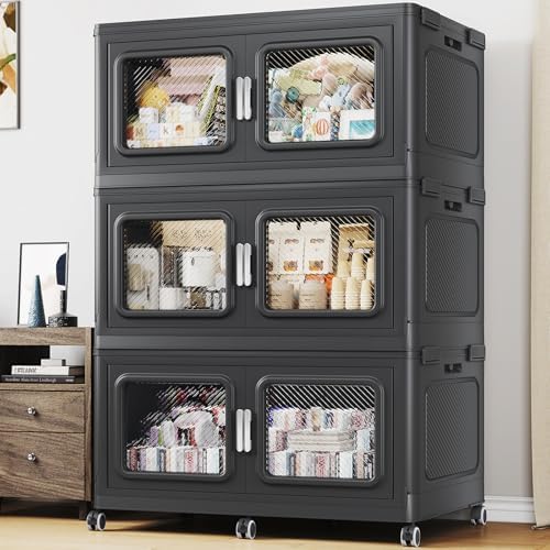 BROVIEW 660 Qt Stackable Storage Bin with Lids, 165Gal Extra Large Collapsible Storage Boxes, Folding Plastic Drawer, Heavy-Duty Store Cabinet, Closet Organizer for Home Kitchen, 3 Pack Black