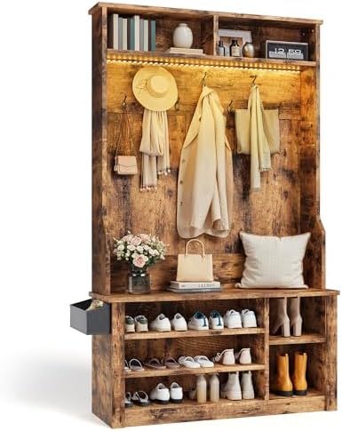 Aiho Hall Tree with Bench and Shoe Storage,5-in-1 Entryway Bench with Coat Rack, Adjustable LED Light, for Hallway, Living Room, Rustic Brown
