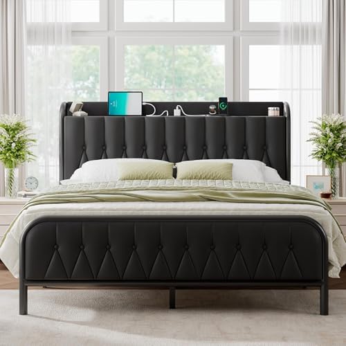 Queen Bed Frame with Fast Charging Station, Leather Queen Size Metal Platform Beds with Upholstered Headboard & Footboard,12" Underbed Storage Space,Easy Assembly,Noise-Free,Black