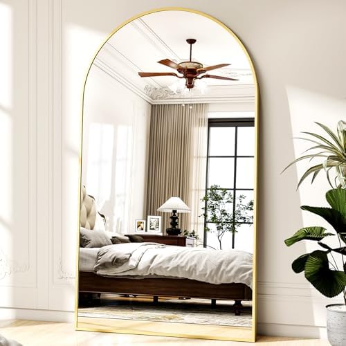 46"x76" Arched Full-Length Mirror, Oversized Floor Mirror with Stand, Freestanding or Wall-Mounted Full Body Mirror for Living Room, Bedroom, or Cloakroom, Gold