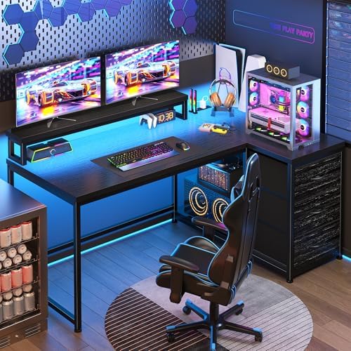 EnHomee L Shaped Gaming Desk with LED Lights & Power Outlet, 48Inch Corner Computer Desk with Drawers Reversible Office Desk with Monitor Stand for Gaming,Study Room,Home Office,Bedroom,Black