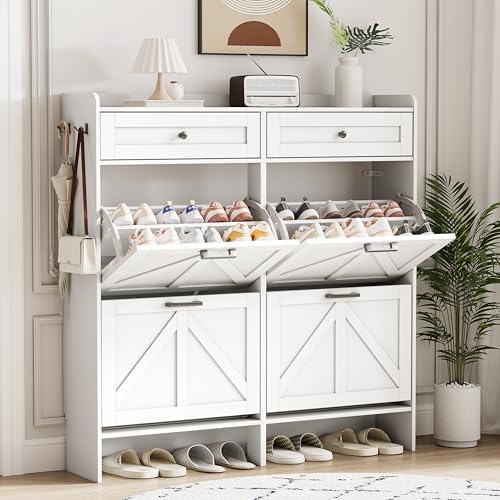 Shoe Cabinet with 4 Flip Drawers & 2 Top Drawers, 43" Tall Freestanding Shoe Storage Organizer for Entryway, Wooden Narrow Hidden Slim Shoe Rack for Front Door Entrance, Hallway, Living Room, White