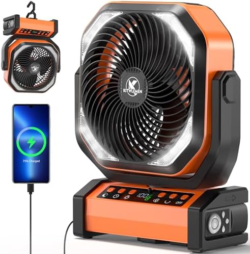 Camping Fan with Light - 20000mAh Rechargeable Battery Fan, 112Hrs Max Run Time, 8 Speeds, Digital Display, Timer, Auto Oscillation, 270Β° Pivot & Hook for Camping, Power Outage, Hurricane (Orange)