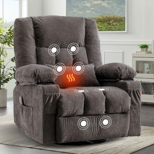 BOSMILLER Oversized Recliner Chair for Adults with Vibration Massage and Lumbar Heating Swivel Rocker Recliner with Cup Holder and USB Charge Port for Living Room