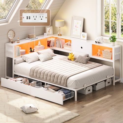 Hasuit Corner Full Bed Frame with Storage Drawers and Bookcase Headboard, Full Size Metal Platform Corner Bed Frame with Charging Station and LED Lights, Full Daybed for Kids Teens Guests, White