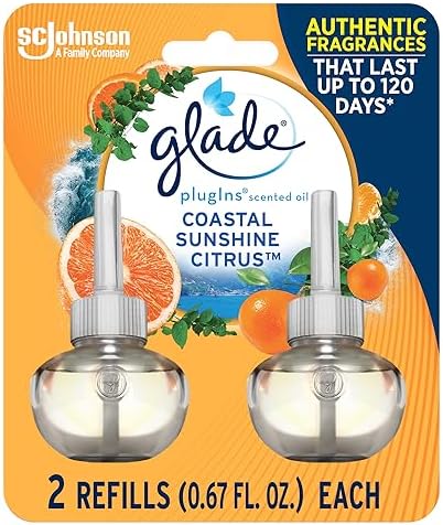 Glade PlugIns Refills Air Freshener, Scented and Essential Oils for Home and Bathroom, Coastal Sunshine Citrus, 1.34 Fl Oz, 2 Count