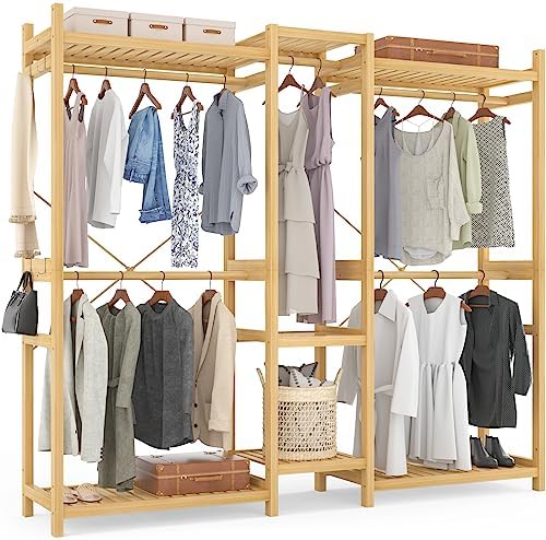 Homykic Bamboo Closet System Clothes Rack, Large Freestanding Garment Rack Clothing Rack for Hanging Clothes with 7 Storage Shelves and 5 Rods, Open Wardrobe Organizer with 4 Hooks, Natural