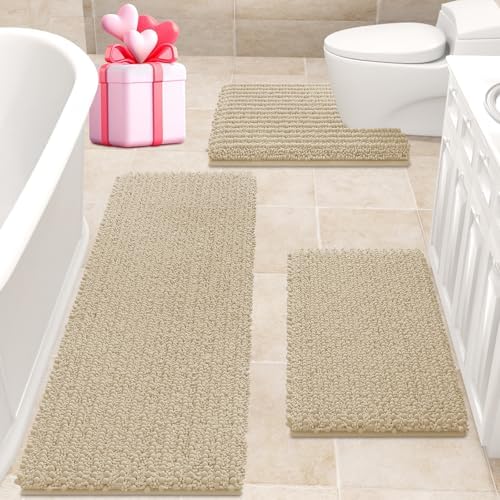 ACCUMTEK Upgrade Extra Large Beige Bathroom Rug Set 3 Pieces Ultra Soft, Thick Absorbent Bath Mats, Non Slip Chenille Toilet Mat for Bathroom, Bedroom, Kitchen