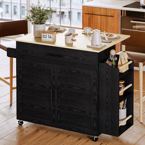 IRONCK Kitchen Island with Storage, Rolling Kitchen Island on Wheels with Drop Leaf, Charging Station, 3 Open Spice Rack, Cabinet, Drawer, Kitchen Cart Island Table for Kitchen, Black