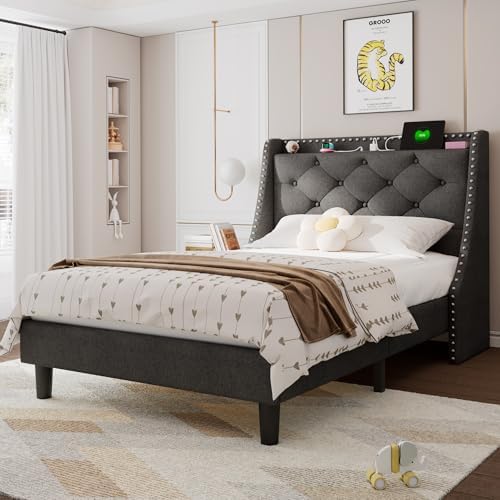 Feonase Twin Bed Frames with Luxury Wingback and Fast Charging Station,Twin Size Upholstered Button Tufted Storage Headboard Platform Bed,Sturdy Wooden Slats Support,Noise-Free,Easy Assembly,Dark Gray
