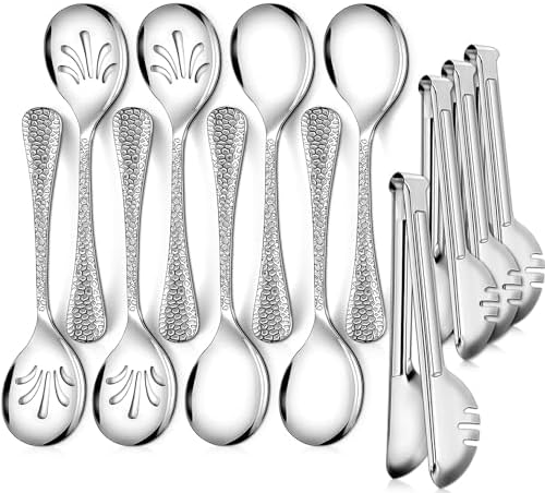 Teivio Hammered Stainless Steel Metal Serving Utensils Set of 12, 10" Serving Spoons, 10" Slotted Spoons, 9" Serving Tongs, Large Hostess Serving Set for Parties Chafing Dish Buffet Catering (Silver)
