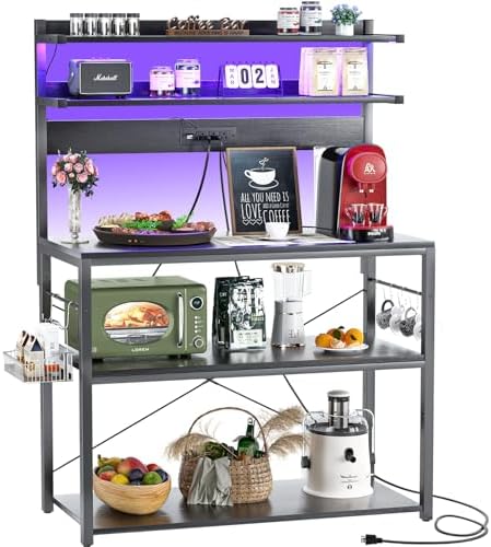 Aheaplus Bakers Rack with Power Outlet, Microwave Stand, 5 Tiers Coffee Bar Station with Led Lights, Kitchen Storage Shelf with 6 S-Shaped Hooks, Kitchen Rack Coffee Bar Stand, Black