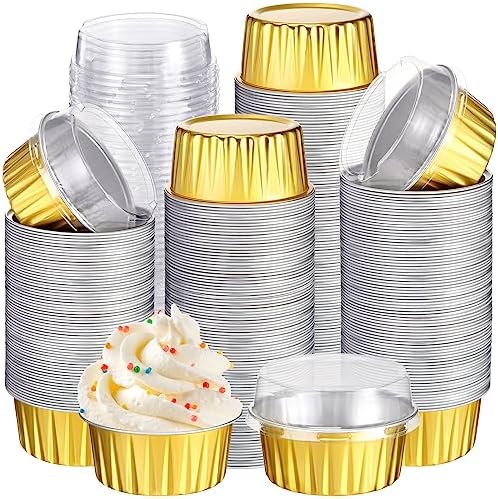Gejoy 400 Pcs Aluminum Foil Baking Cups with Lids 5 oz Disposable Ramekins Mini Cake Pans Creme Brulee Cupcake Liners Muffin Tins Flan Mold Dessert Container for Wedding (Gold,Classic)