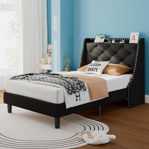 iPormis Twin Bed Frame with 16" Comfort Wingback & Charging Station, Upholstered Platform Bed with Button Tufted Storage Headboard, Solid Wood Slats Support, No Box Spring Needed, Black
