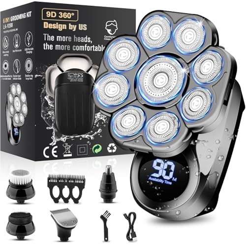 9D Electric Head Shavers for Bald Men, Upgraded 5-in-1 Waterproof Wet/Dry Grooming Kit Electric Shaver for Men, Cordless Rechargeable Bald Head Razor for Home&Travel
