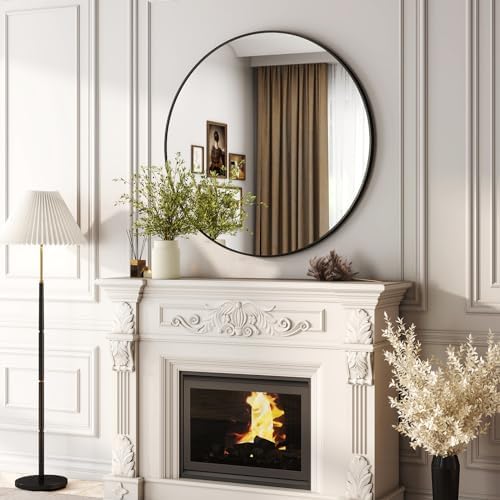 36 Inch Round Bathroom Mirror - Black Wall Mounted Circle Mirror with Metal Frame, Modern Round Hanging Mirror Suitable for Bathroom, Vanity, Entryway, Living Room