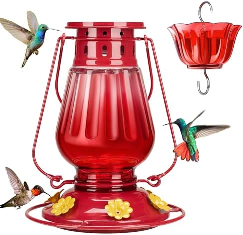 Kingsyard Glass Hummingbird Feeder for Outdoors Hanging - Vintage Lantern Style Leak-Proof Humming Bird Nectar Feeder with 6 Feeding Ports & Ant Moat for Outdoor Garden Decor, 24 Ounce, Red