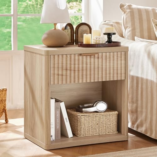 LEYAOYAO Fluted Nightstand with Charging Station, 23" Wide 1 Drawers End Table,Natural Night Stand with Open Storage Cabinet, Farmhouse Bed Side Tables, Wood Dresser for Bedroom, Living Room, Closet